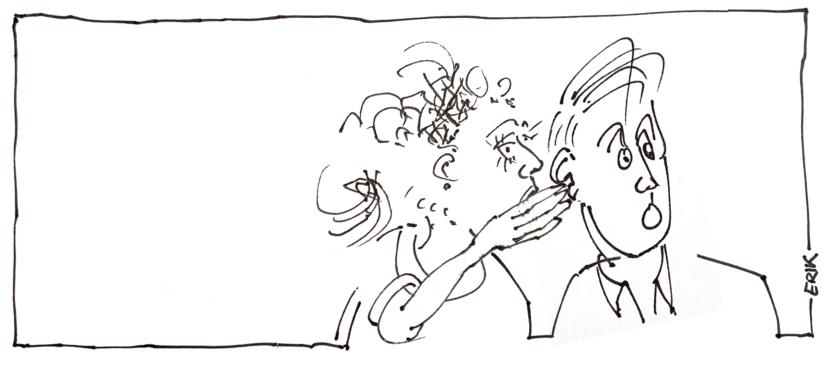 Lijntekening van twee personen die aan het fluisteren zijn.